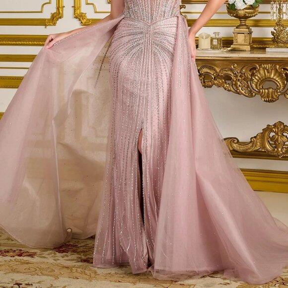 New Dusty Rose Strapless Tulle Gown w/ Beaded Boned Bodice & Leg Slit GL3668 - Picture 8 of 13